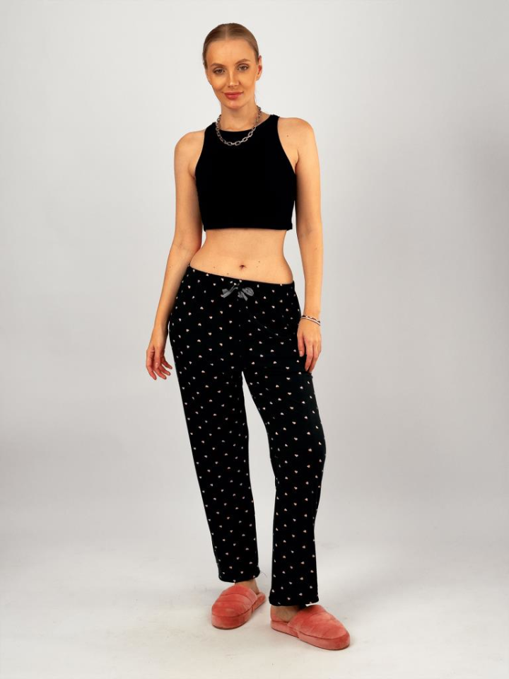 Kadın Kadife Pijama Altı Eşofman Pamuklu Siyah Pembe - L