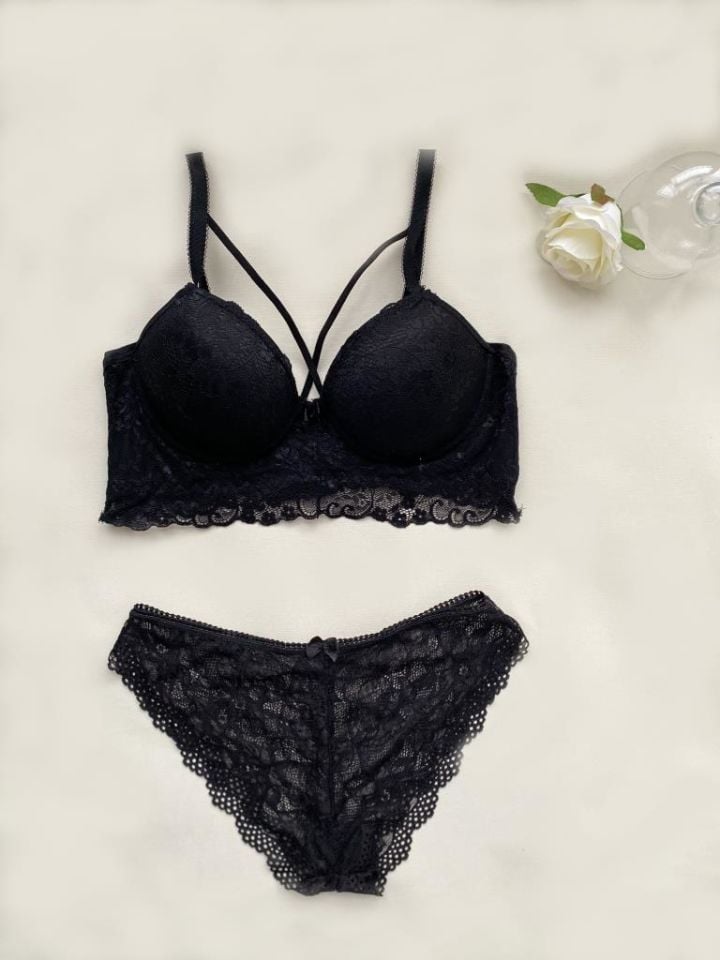 Kadın Dantelli Destekli Desenli Bralet Sütyen Takım SİYAH - 75