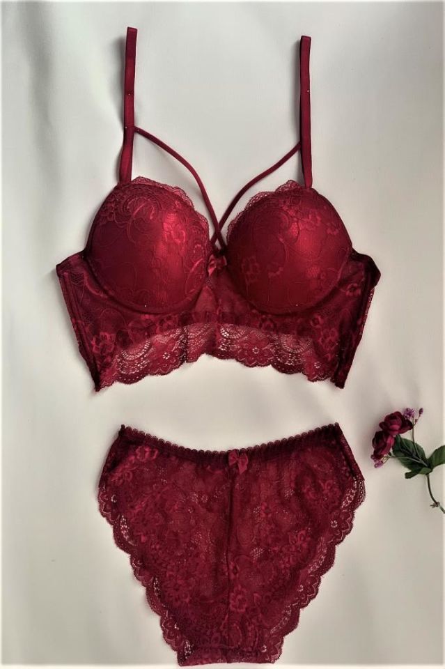 Kadın Dantelli Destekli Desenli Bralet Sütyen Takım BORDO - 90