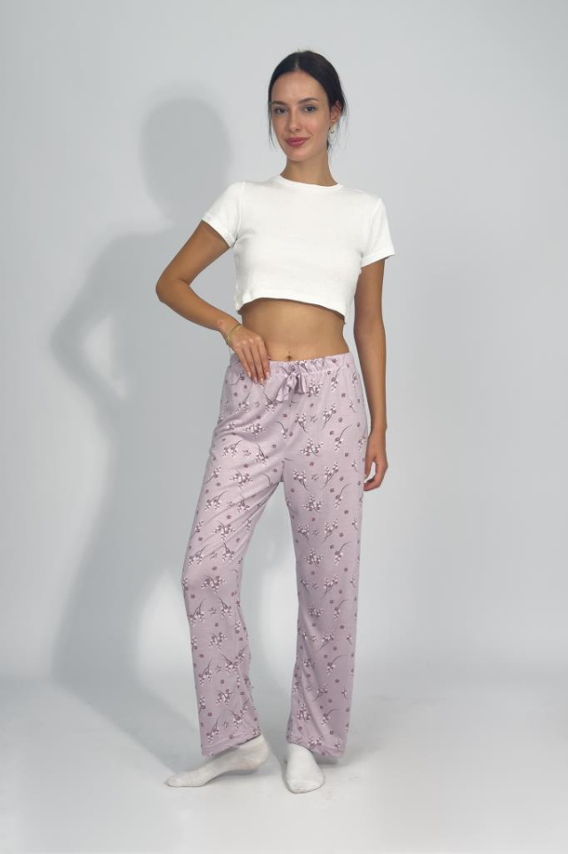 Kadın Dört Mevsim Poliviskon Kurdeleli Pijama Altı LİLA - 2XL