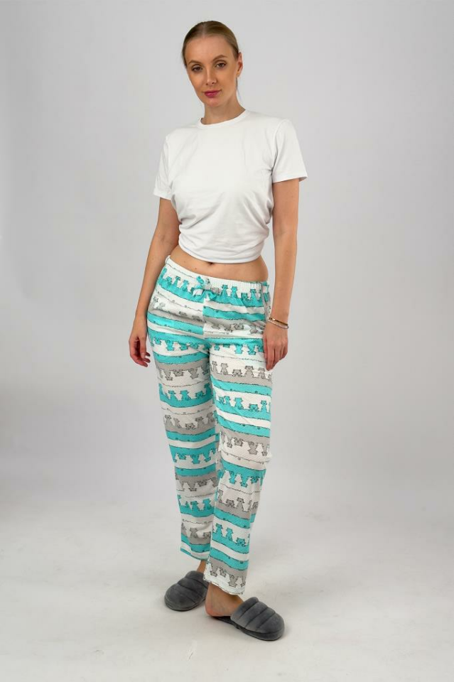 Kadın Cepli Pamuklu Lastikli Bel Kurdeleli Desenli Pijama Altı 3XL - Yeşil Kedi