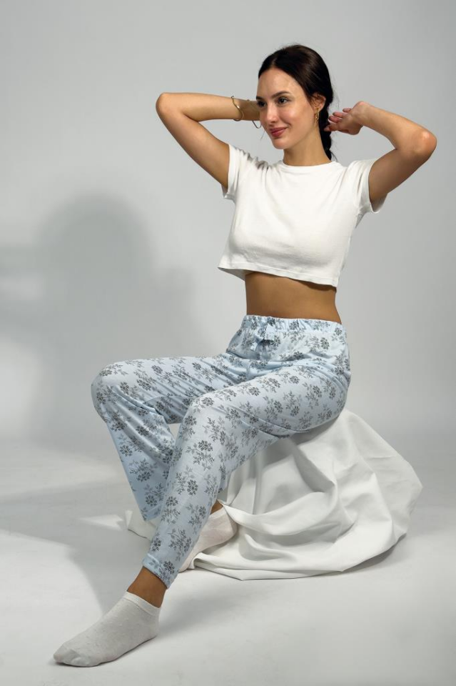 Kadın Dört Mevsim Poliviskon Kurdeleli Pijama Altı MAVİ - 3XL