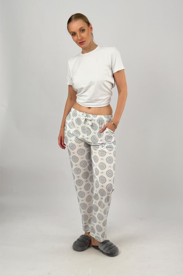 Kadın Cepli Pamuklu Lastikli Bel Kurdeleli Desenli Pijama Altı L - Gri Şal