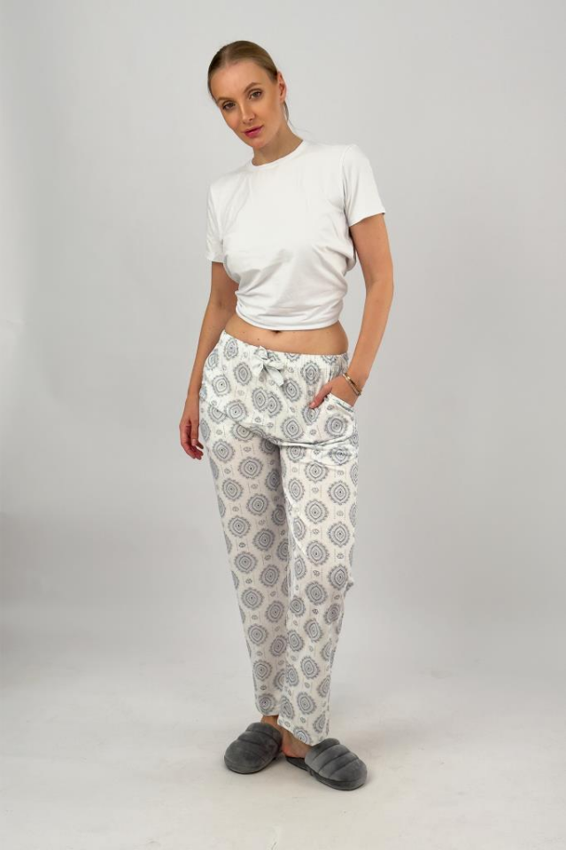 Kadın Cepli Pamuklu Lastikli Bel Kurdeleli Desenli Pijama Altı XL - Gri Şal