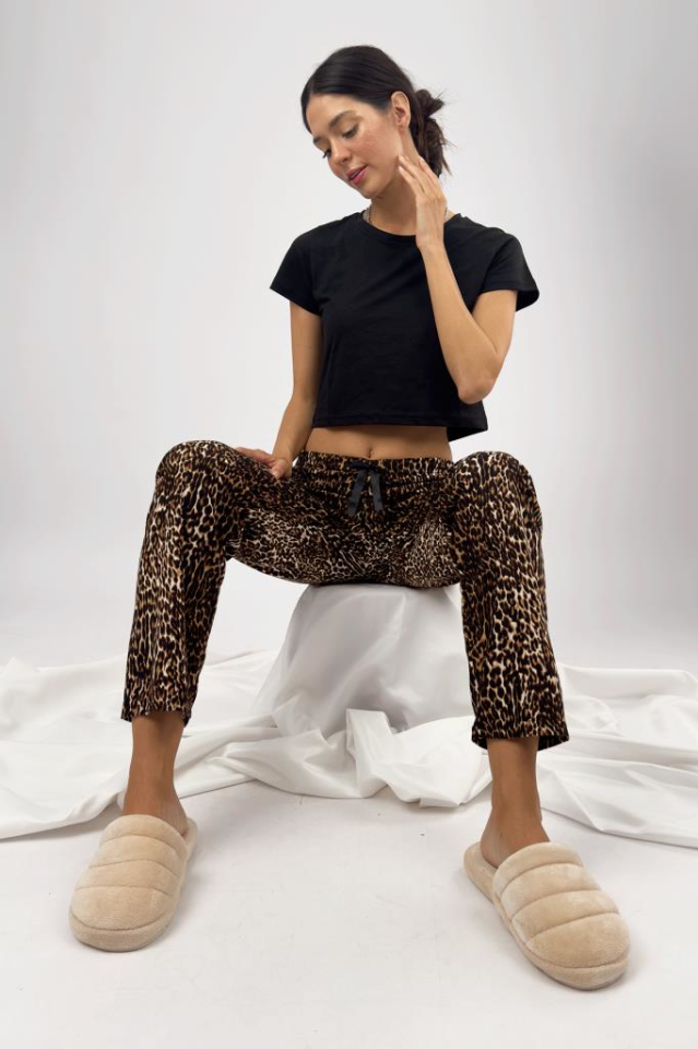 Kadın Kadife Pijama Altı Eşofman Pamuklu Leopar - XL