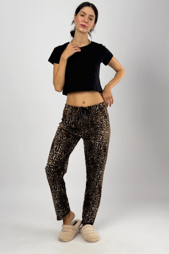 Kadın Kadife Pijama Altı Eşofman Pamuklu Leopar - XL