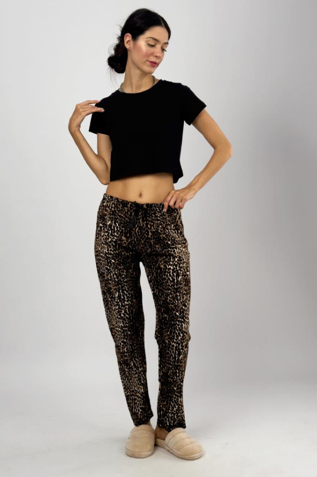 Kadın Kadife Pijama Altı Eşofman Pamuklu Leopar - XL