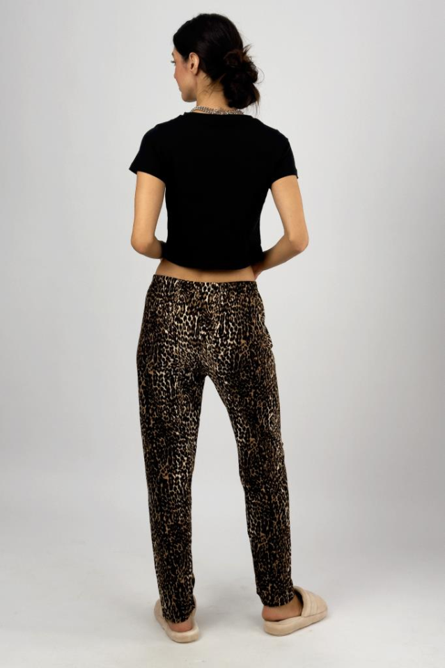 Kadın Kadife Pijama Altı Eşofman Pamuklu Leopar - XL