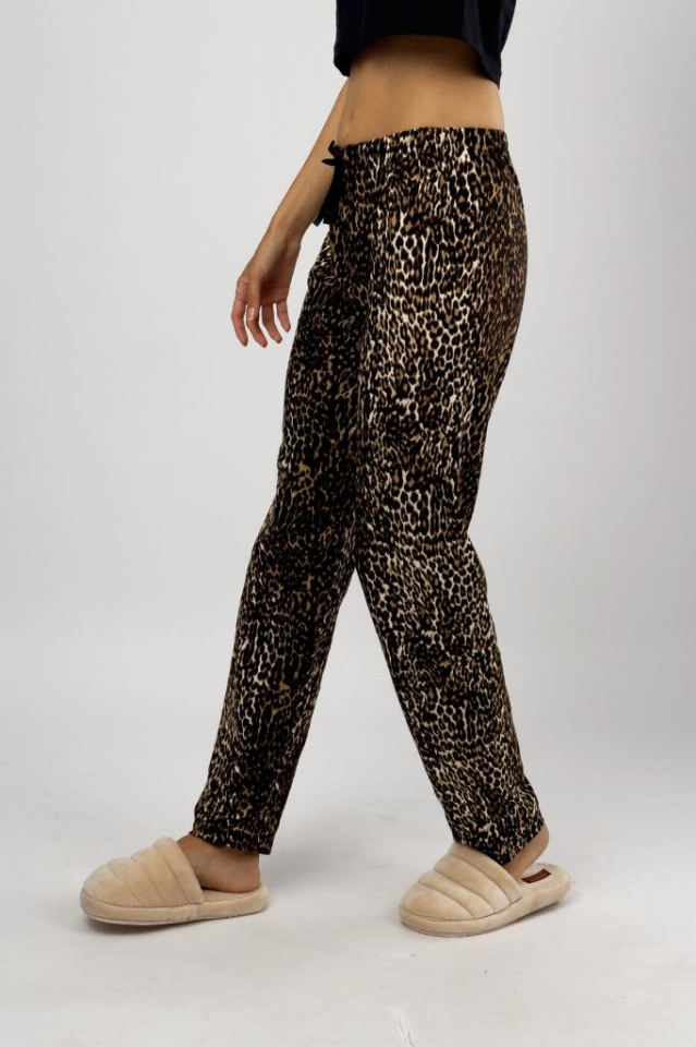 Kadın Kadife Pijama Altı Eşofman Pamuklu Leopar - XL