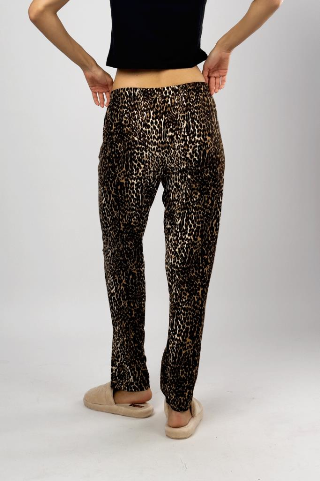 Kadın Kadife Pijama Altı Eşofman Pamuklu Leopar - XL