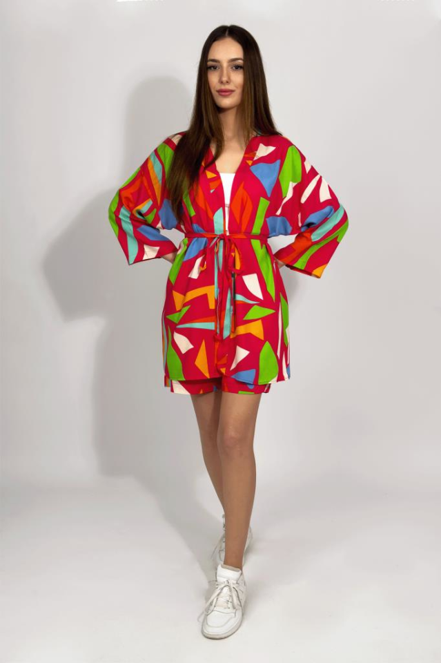 Dokuma Viskon Rahat Kesim Kimono Şort Alt Üst Takım YEŞİL - 3XL