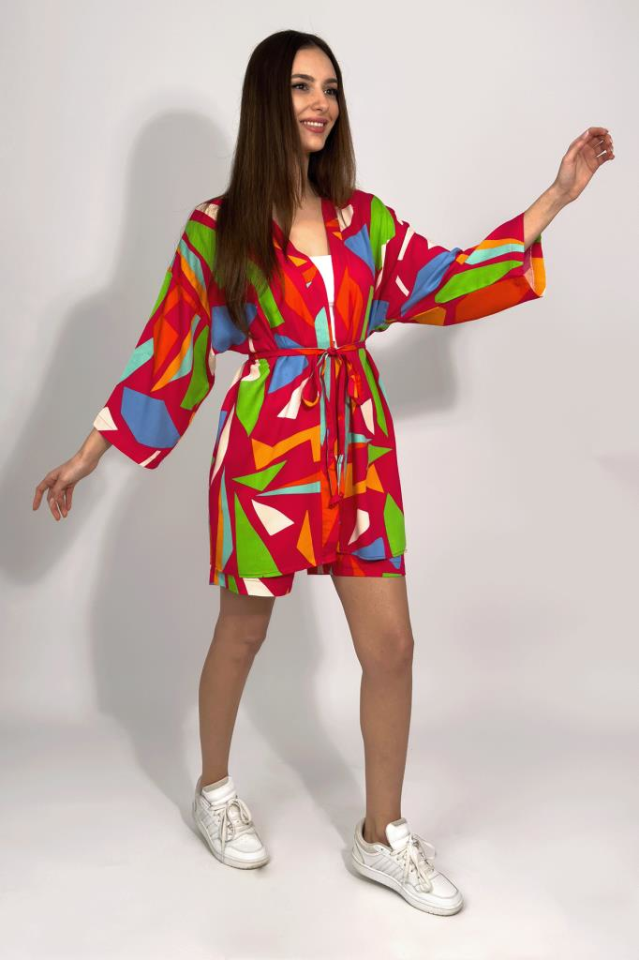Dokuma Viskon Rahat Kesim Kimono Şort Alt Üst Takım YEŞİL - 3XL