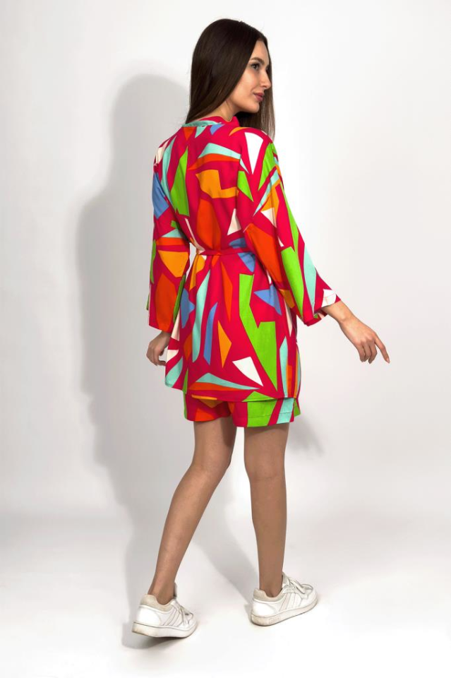 Dokuma Viskon Rahat Kesim Kimono Şort Alt Üst Takım YEŞİL - 3XL