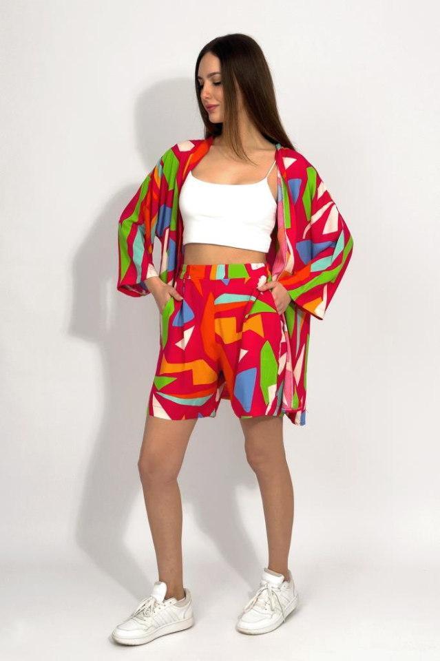 Dokuma Viskon Rahat Kesim Kimono Şort Alt Üst Takım YEŞİL - 3XL