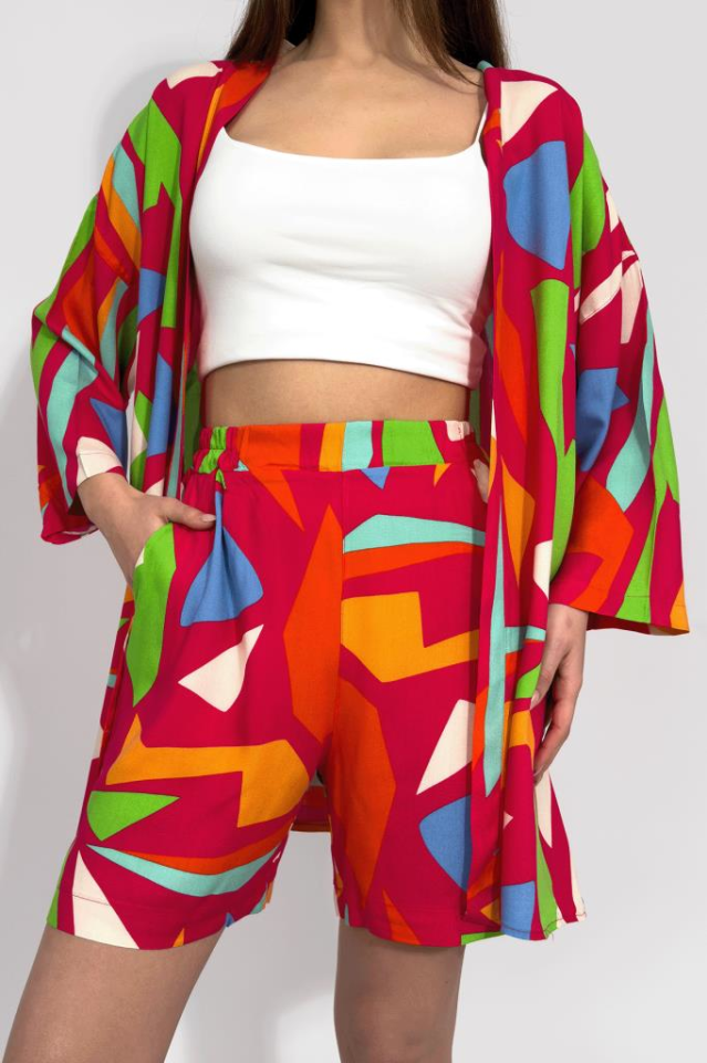 Dokuma Viskon Rahat Kesim Kimono Şort Alt Üst Takım YEŞİL - 3XL