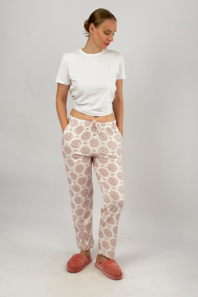 Kadın Cepli Pamuklu Lastikli Bel Kurdeleli Desenli Pijama Altı Bordo Şal - L