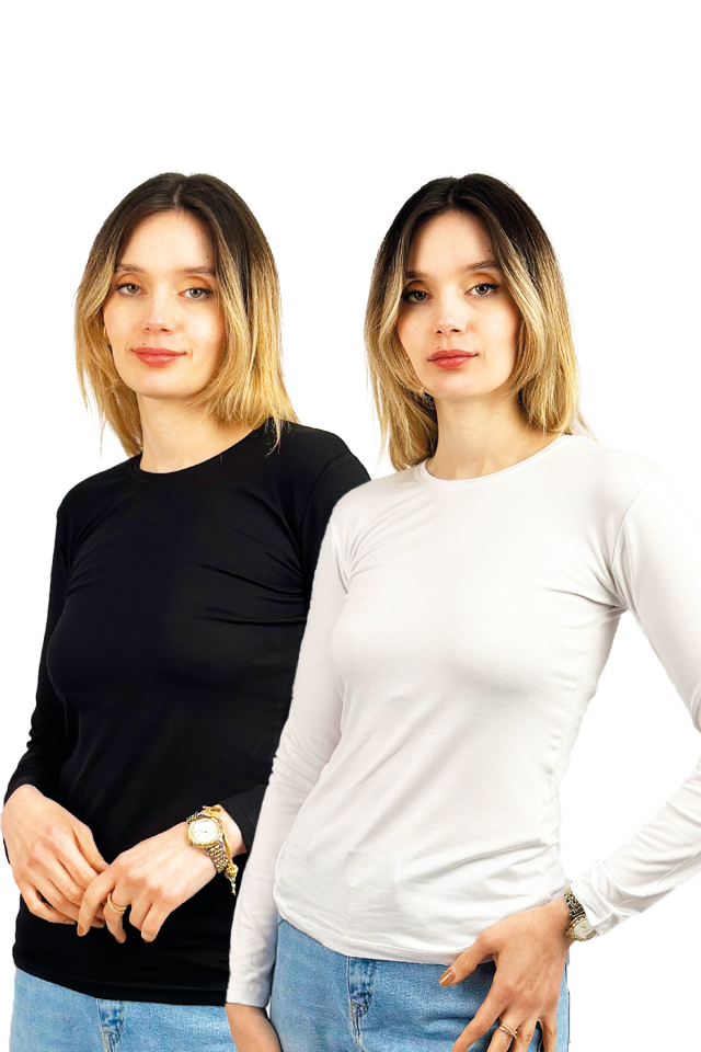 Kadın Uzun Kollu Bisiklet Yaka Body 2 Adet Karışık - S/M