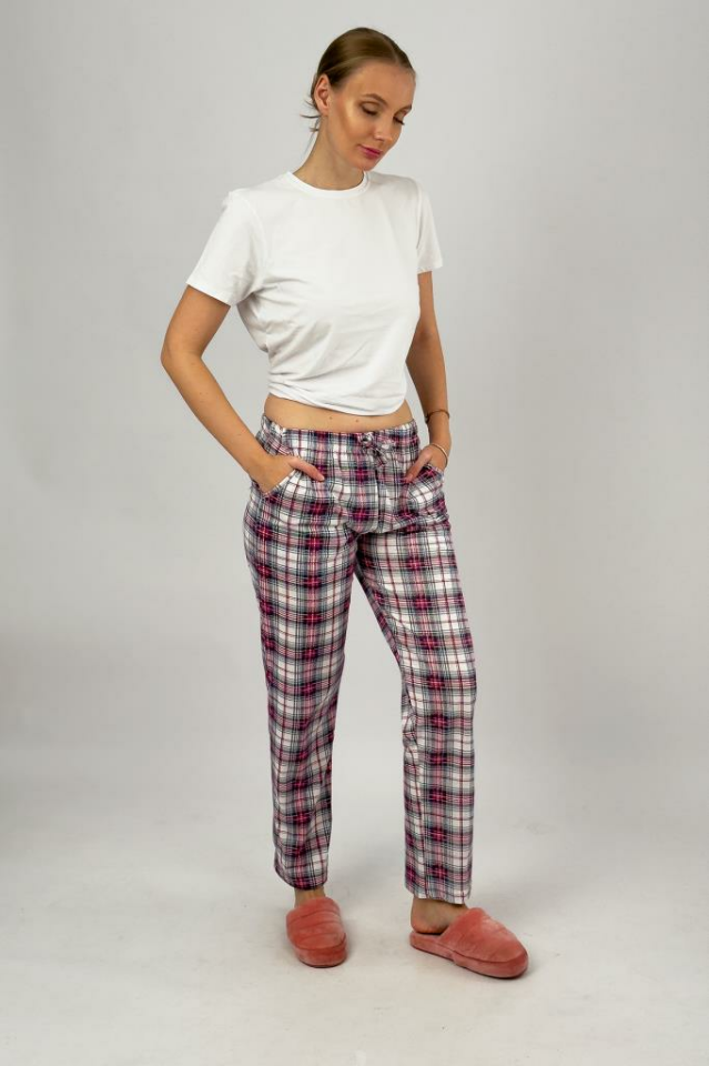 Kadın Cepli Pamuklu Lastikli Bel Kurdeleli Desenli Pijama Altı XL - Fuşya Kare
