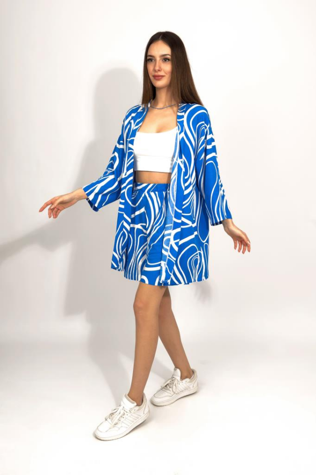 Dokuma Viskon Rahat Kesim Kimono Şort Alt Üst Takım MAVİ - M