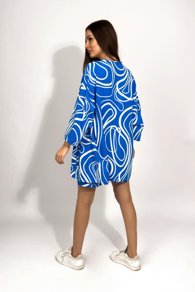 Dokuma Viskon Rahat Kesim Kimono Şort Alt Üst Takım MAVİ - M