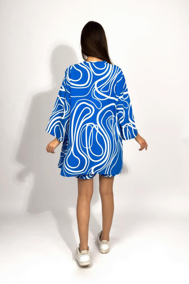 Dokuma Viskon Rahat Kesim Kimono Şort Alt Üst Takım MAVİ - M