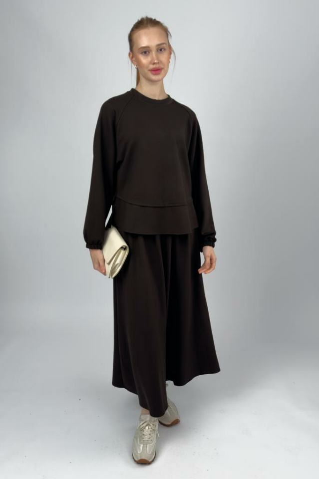 Kadın Yumuşak Dokulu Modal İçeren Etek Takım Kahve - L/XL