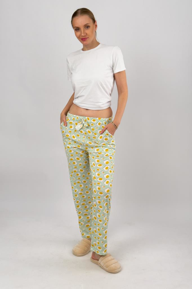 Kadın Cepli Pamuklu Lastikli Bel Kurdeleli Desenli Pijama Altı 3XL - Sarı Yumurta