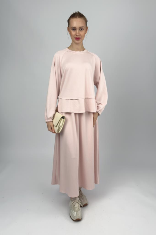 Kadın Yumuşak Dokulu Modal İçeren Etek Takım Pudra Pembe - L/XL