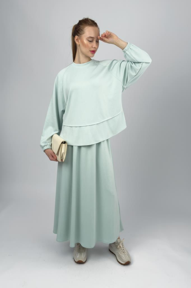 Kadın Yumuşak Dokulu Modal İçeren Etek Takım Su Yeşili - S/M