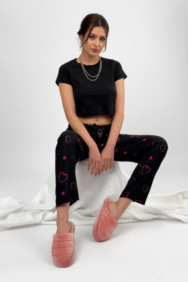 Kadın Kadife Pijama Altı Eşofman Pamuklu Fuşya Kalp - 2XL