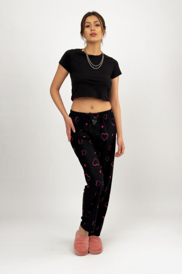 Kadın Kadife Pijama Altı Eşofman Pamuklu Fuşya Kalp - 2XL