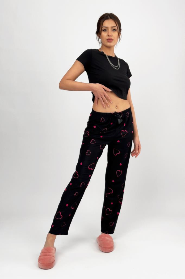 Kadın Kadife Pijama Altı Eşofman Pamuklu Fuşya Kalp - 2XL