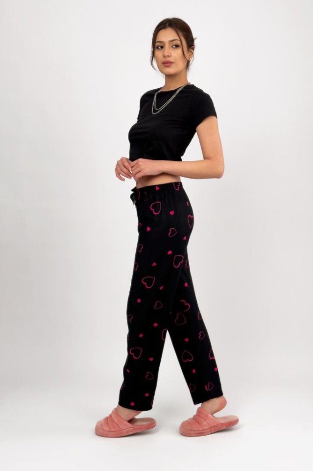 Kadın Kadife Pijama Altı Eşofman Pamuklu Fuşya Kalp - 2XL