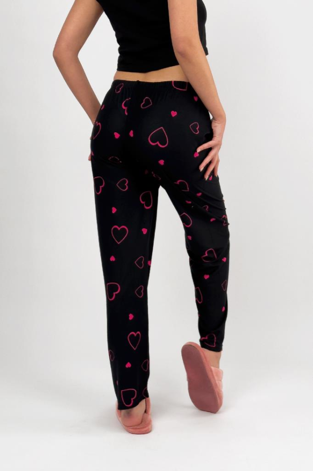 Kadın Kadife Pijama Altı Eşofman Pamuklu Fuşya Kalp - 2XL