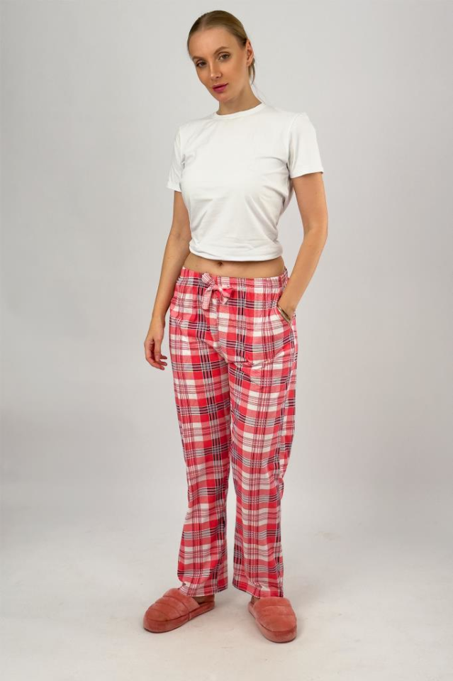 Kadın Cepli Pamuklu Lastikli Bel Kurdeleli Desenli Pijama Altı Nar Çiçeği - XL