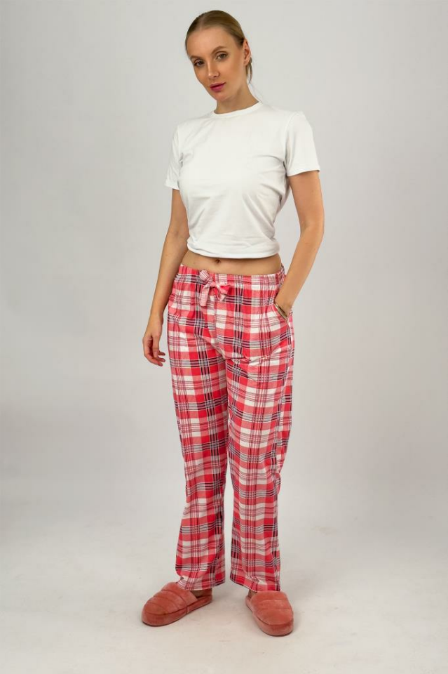 Kadın Cepli Pamuklu Lastikli Bel Kurdeleli Desenli Pijama Altı Nar Çiçeği - 2XL