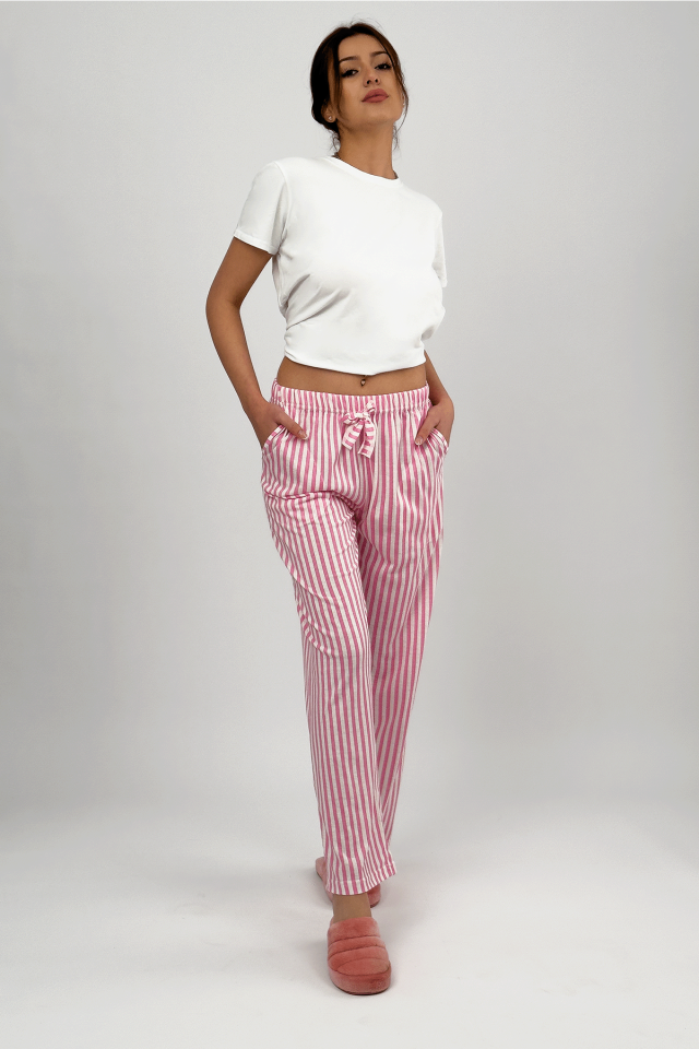 Kadın Cepli Pamuklu Lastikli Bel Kurdeleli Desenli Pijama Altı Pembe Çizgili - S