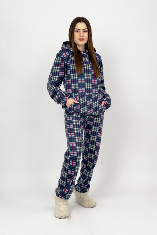 Kadın Kışlık Polar Alt-Üst Lastikli Bel Kapüşonlu Pijama Takımı S/M - Mavi Kare