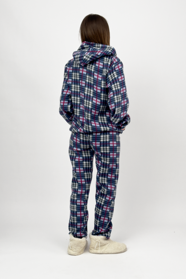 Kadın Kışlık Polar Alt-Üst Lastikli Bel Kapüşonlu Pijama Takımı S/M - Mavi Kare