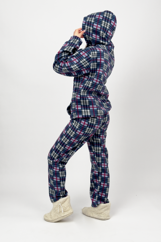 Kadın Kışlık Polar Alt-Üst Lastikli Bel Kapüşonlu Pijama Takımı S/M - Mavi Kare