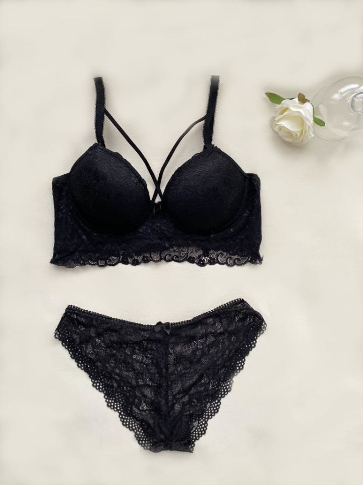 Kadın Dantelli Desteksiz Bralet Sütyen Takım SİYAH - 90