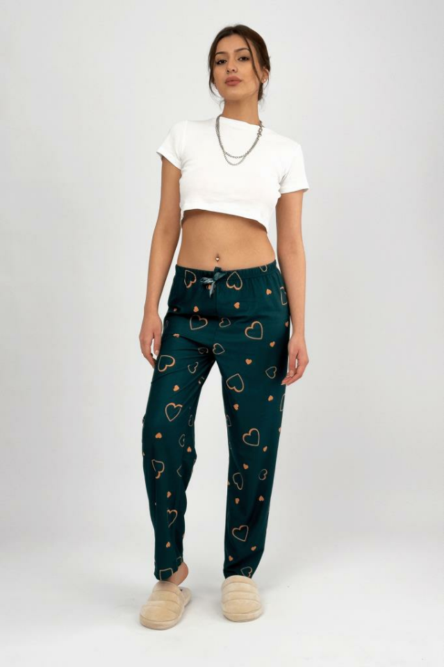 Kadın Kadife Pijama Altı Eşofman Pamuklu Yeşil Kalp - 2XL