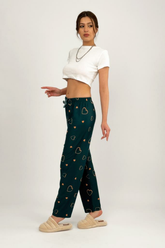 Kadın Kadife Pijama Altı Eşofman Pamuklu Yeşil Kalp - 2XL