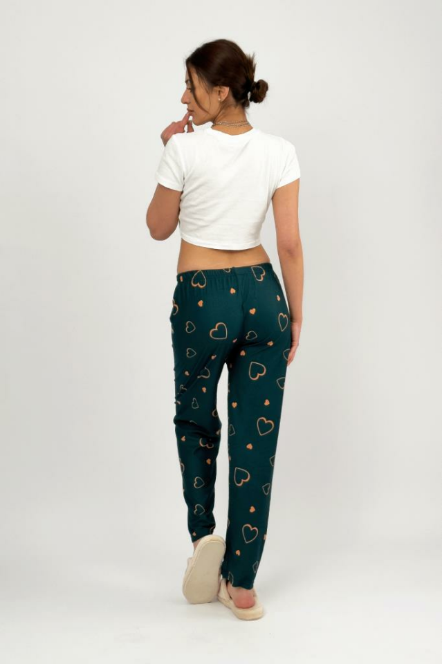 Kadın Kadife Pijama Altı Eşofman Pamuklu Yeşil Kalp - 2XL