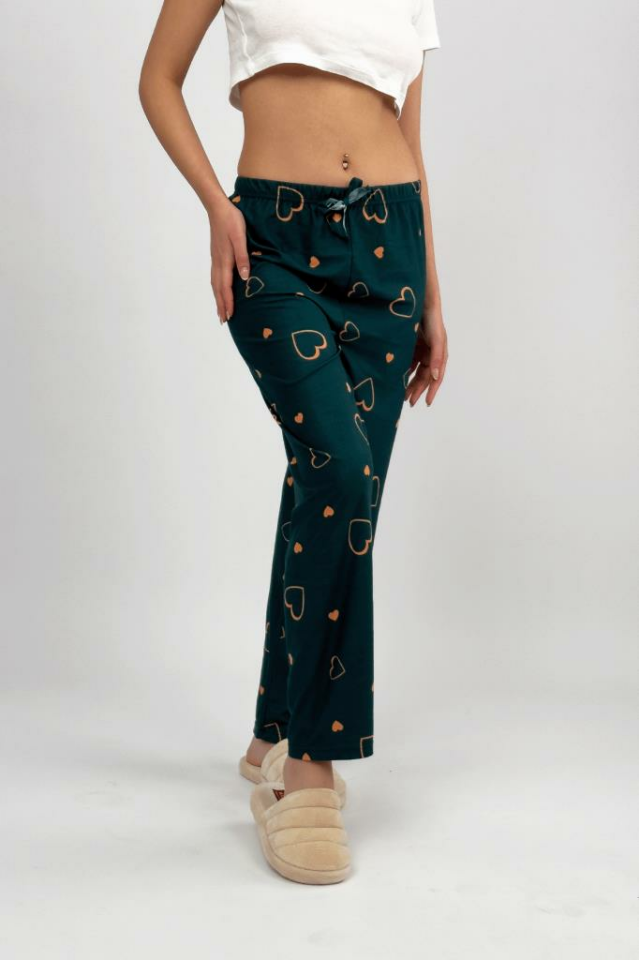 Kadın Kadife Pijama Altı Eşofman Pamuklu Yeşil Kalp - 2XL