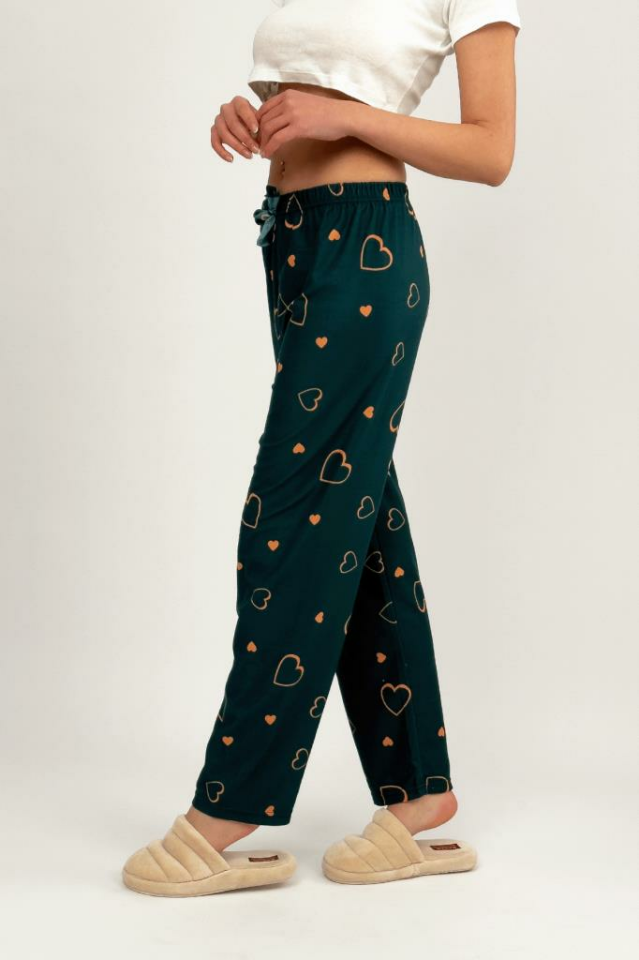 Kadın Kadife Pijama Altı Eşofman Pamuklu Yeşil Kalp - 2XL