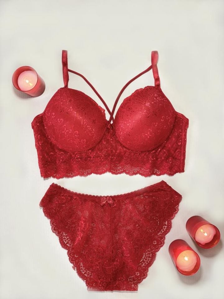 Kadın Dantelli Desteksiz Bralet Sütyen Takım KIRMIZI - 95