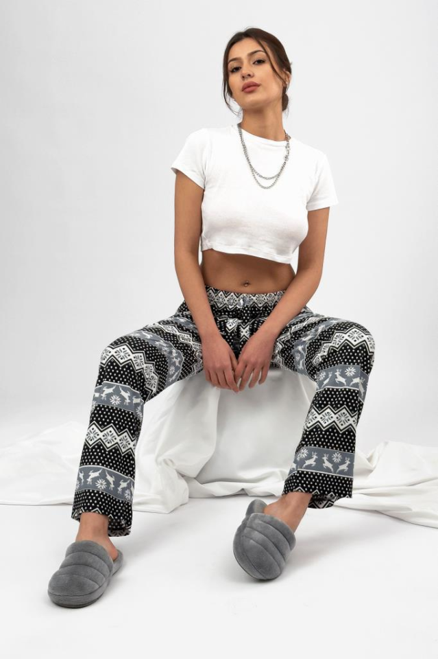 Kadın Kadife Pijama Altı Eşofman Pamuklu Siyah Geyikli - 2XL