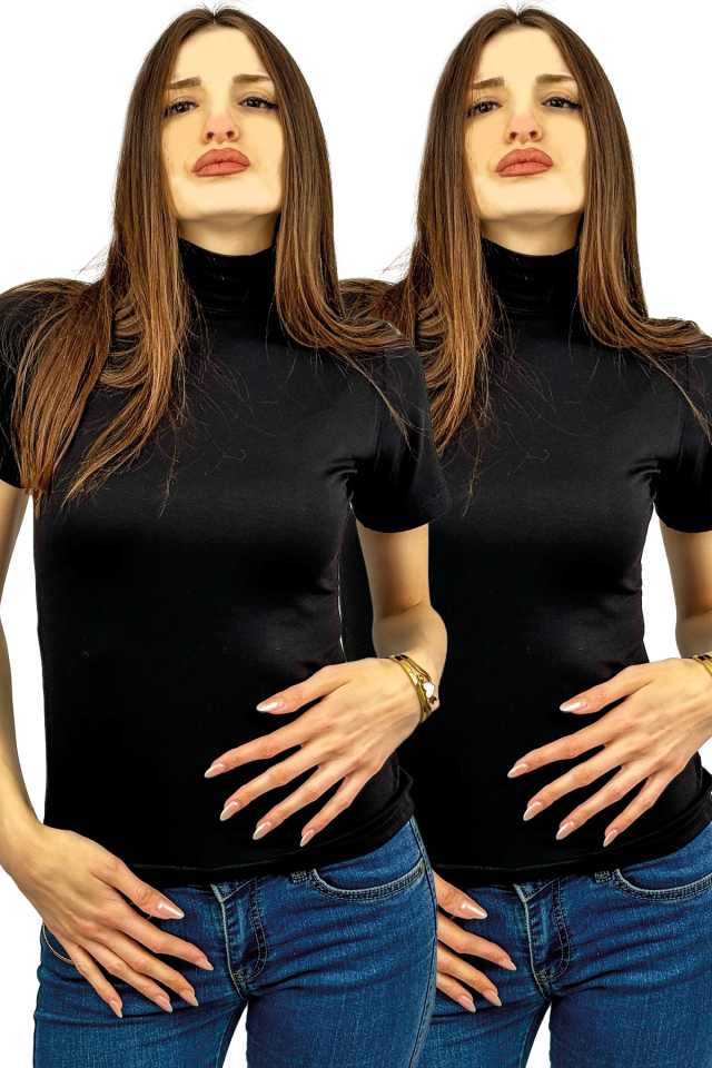 Kadın Kısa Kol Yarım Balıkçı Boğazlı Body 2 Adet SİYAH - L/XL