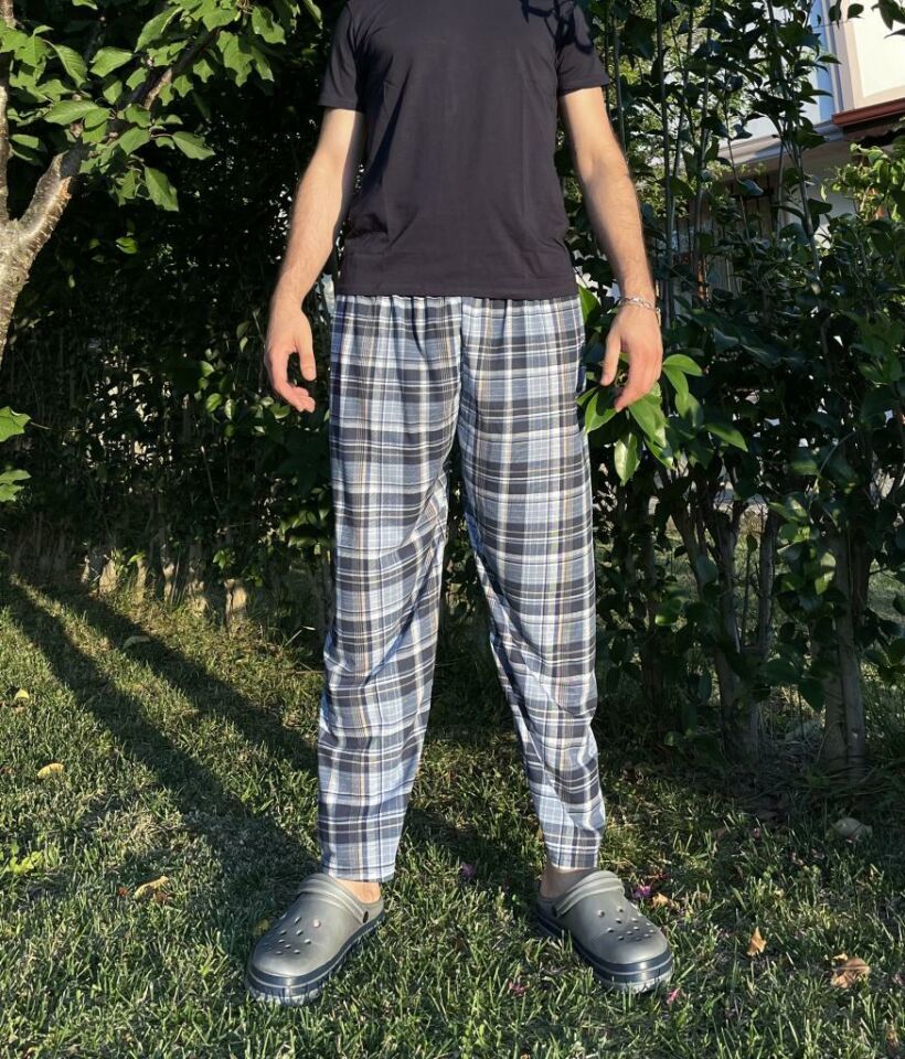 Erkek %100 Pamuk Cepsiz Beli Lastikli Pijama Altı Eşofman Filenel Mavi - M